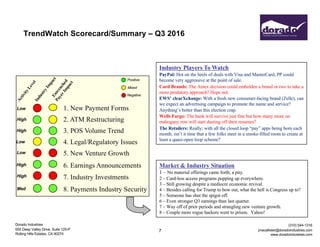 Dorado Industries
655 Deep Valley Drive, Suite 125-P
Rolling Hills Estates, CA 90274
(310) 544-1316
jmacallister@doradoindustries.com
www.doradoindustries.com
7
TrendWatch Scorecard/Summary – Q3 2016
Market & Industry Situation
1 – No material offerings came forth; a pity.
2 – Card-less access programs popping up everywhere.
3 – Still growing despite a mediocre economic revival.
4 – Besides calling for Trump to bow out, what the hell is Congress up to?
5 – Someone has shut the spigot off.
6 – Even stronger Q3 earnings than last quarter.
7 – Way off of prior periods and strangling new venture growth.
8 – Couple more rogue hackers went to prison. Yahoo!
Industry Players To Watch
PayPal: Hot on the heels of deals with Visa and MasterCard, PP could
become very aggressive at the point of sale.
Card Brands: The Amex decision could embolden a brand or two to take a
more predatory approach? Hope not.
EWS’ clearXchange: With a fresh new consumer-facing brand (Zelle), can
we expect an advertising campaign to promote the name and service?
Anything’s better than this election crap.
Wells Fargo: The bank will survive just fine but how many more on
mahogany row will start dusting off their resumes?
The Retailers: Really; with all the closed loop “pay” apps being born each
month, isn’t it time that a few folks meet in a smoke-filled room to create at
least a quasi-open loop scheme?
5. New Venture Growth
4. Legal/Regulatory Issues
1. New Payment Forms
2. ATM Restructuring
3. POS Volume Trend
Low
High
High
Low
Low
High
High
Positive
Mixed
Negative
6. Earnings Announcements
7. Industry Investments
8. Payments Industry SecurityMed
 