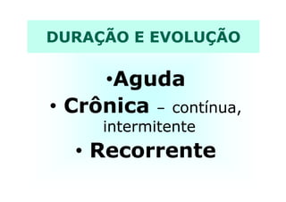 DURAÇÃO E EVOLUÇÃODURAÇÃO E EVOLUÇÃO
••AgudaAguda
•• CrônicaCrônica –– contínua,contínua,•• CrônicaCrônica –– contínua,contínua,
intermitenteintermitente
•• RecorrenteRecorrente
 