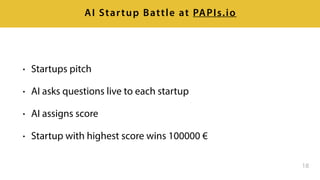 • Startups pitch
• AI asks questions live to each startup
• AI assigns score
• Startup with highest score wins 100000 €
18
AI Startup Battle at PAPIs.io
 