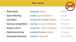 30
Use cases
• Real-estate
• Spam filtering
• City bikes
• Startup competition
• Reduce churn
• Optimize pricing
• Anticipate demand
property price
email spam indicator
location & context #bikes
startup success indicator
customer churn indicator
product & price #sales
context demand
Zillow
Gmail
V3 predict
Preseries
ChurnSpotter
Amazon
Blue Yonder
RULES
 