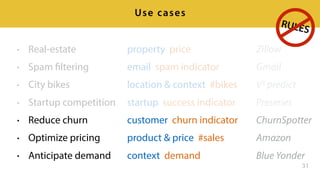 31
Use cases
• Real-estate
• Spam filtering
• City bikes
• Startup competition
• Reduce churn
• Optimize pricing
• Anticipate demand
property price
email spam indicator
location & context #bikes
startup success indicator
customer churn indicator
product & price #sales
context demand
Zillow
Gmail
V3 predict
Preseries
ChurnSpotter
Amazon
Blue Yonder
RULES
 