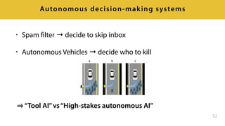 • Spam filter → decide to skip inbox
• Autonomous Vehicles → decide who to kill
52
Autonomous decision-making systems
“Tool AI”vs“High-stakes autonomous AI”
 