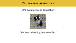 57
Performance guarantees
“black and white dog jumps over bar”
95%-accurate scene description
 