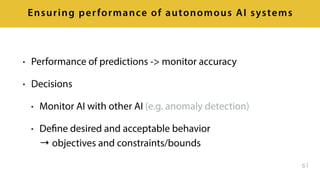 • Performance of predictions -> monitor accuracy
• Decisions
• Monitor AI with other AI (e.g. anomaly detection)
• Define desired and acceptable behavior 
→ objectives and constraints/bounds
61
Ensuring performance of autonomous AI systems
 