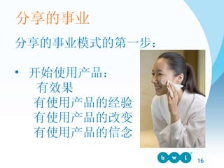 分享的事业模式的第一步： 开始使用产品：   有效果    有使用产品的经验    有使用产品的改变    有使用产品的信念 分享的事业 