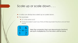 Scale up or scale down . . .
 A ratio can always be scaled up or scaled down.
 For example:
 3:1 is the same as 6:2
 It may be easier to see if you think of it like equivalent fractions and set them
equal:
2
6
1
3
 Here the numerator (top) and denominator (bottom)
are both multiplied by 2 so the ratio is still the same.
 