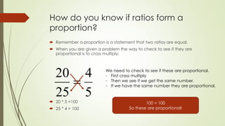 How do you know if ratios form a
proportion?
 Remember a proportion is a statement that two ratios are equal.
 When you are given a problem the way to check to see if they are
proportional is to cross multiply:
 20 * 5 =100
 25 * 4 = 100
5
4
25
20

We need to check to see if these are proportional.
- First cross multiply
- Then we see if we get the same number.
- If we have the same number they are proportional.
100 = 100
So these are proportional!
 