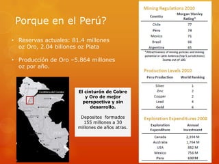 Porque en el Perú?Reservasactuales: 81.4 millonesoz Oro, 2.04 billonesoz Plata