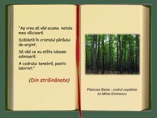 “Aş vrea să văd acuma natala
mea vâlcioară
Scăldată în cristalul pârâului
de-argint,
Să văd ce eu atâta iubeam
odinioară:
A codrului tenebră, poetic
labirint;”
(Din străinănate)
Pădurea Baisa - codrul copilăriei
lui Mihai Eminescu
 
