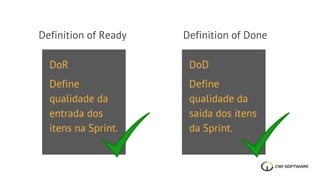 Definition of Ready Definition of Done
DoR
Define
qualidade da
entrada dos
itens na Sprint.
DoD
Define
qualidade da
saída dos itens
da Sprint.
 
