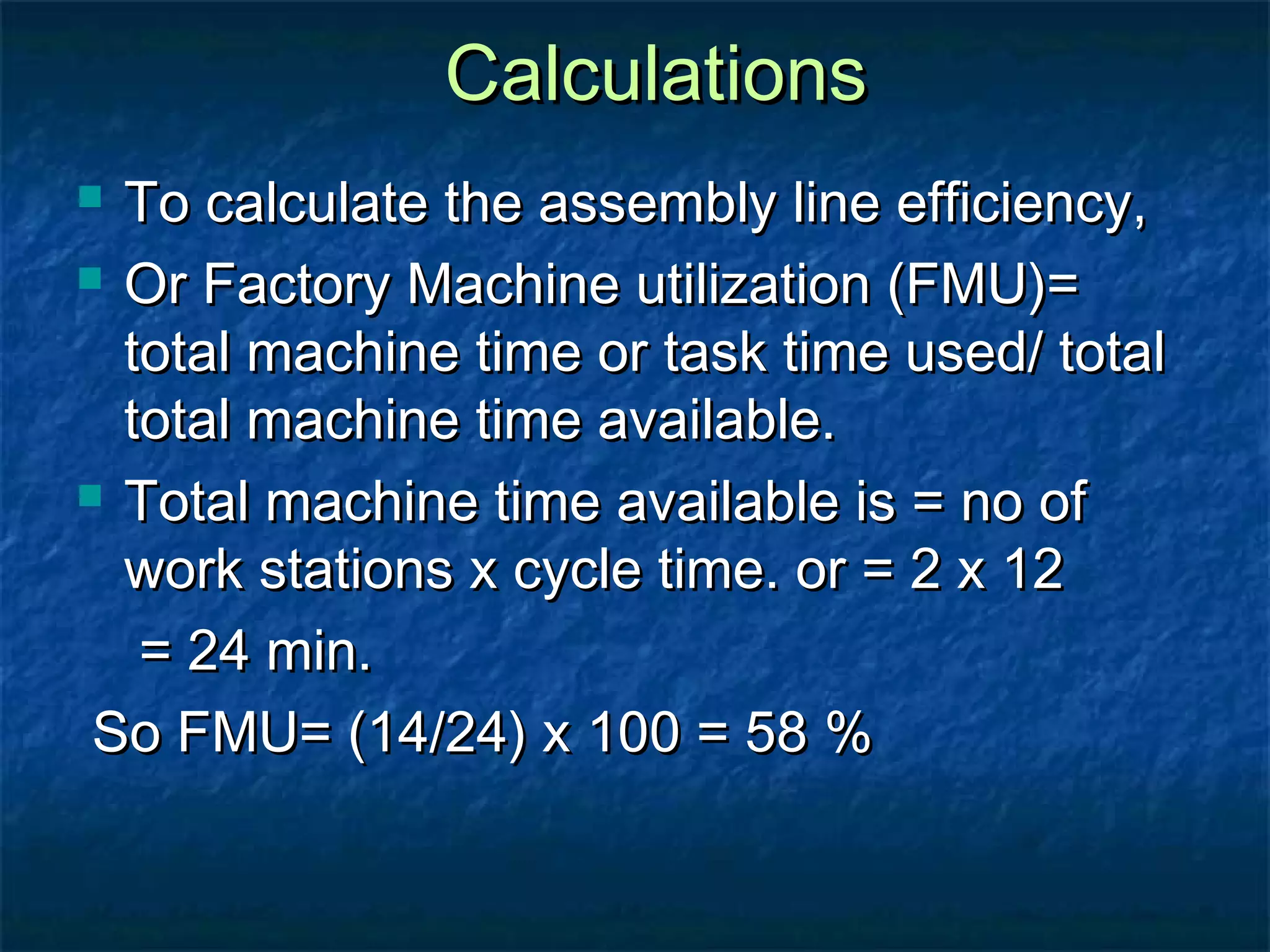 CalculationsCalculations
 To calculate the assembly line efficiency,To calculate the assembly line efficiency,
 Or Factory Machine utilization (FMU)=Or Factory Machine utilization (FMU)=
total machine time or task time used/ totaltotal machine time or task time used/ total
total machine time available.total machine time available.
 Total machine time available is = no ofTotal machine time available is = no of
work stations x cycle time. or = 2 x 12work stations x cycle time. or = 2 x 12
= 24 min.= 24 min.
So FMU= (14/24) x 100 = 58 %So FMU= (14/24) x 100 = 58 %
 