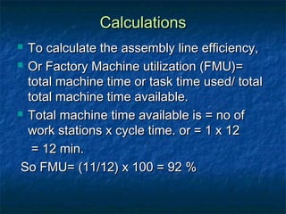 CalculationsCalculations
 To calculate the assembly line efficiency,To calculate the assembly line efficiency,
 Or Factory Machine utilization (FMU)=Or Factory Machine utilization (FMU)=
total machine time or task time used/ totaltotal machine time or task time used/ total
total machine time available.total machine time available.
 Total machine time available is = no ofTotal machine time available is = no of
work stations x cycle time. or = 1 x 12work stations x cycle time. or = 1 x 12
= 12 min.= 12 min.
So FMU= (11/12) x 100 = 92 %So FMU= (11/12) x 100 = 92 %
 