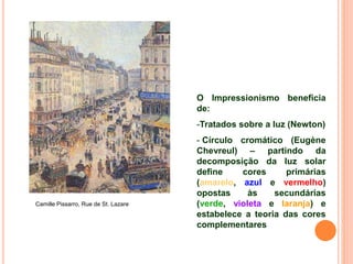 Camille Pissarro, Rue de St. Lazare
O Impressionismo beneficia
de:
-Tratados sobre a luz (Newton)
- Círculo cromático (Eugène
Chevreul) – partindo da
decomposição da luz solar
define cores primárias
(amarelo, azul e vermelho)
opostas às secundárias
(verde, violeta e laranja) e
estabelece a teoria das cores
complementares
 