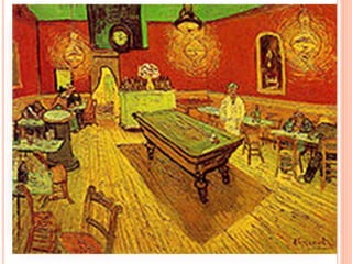 “Tentei com o vermelho e com o verde exprimir as
terríveis paixões dos homens. É uma cor que não é
literalmente verdadeira, do ponto de vista do
realismo, é uma ilusão de ótica, mas é uma cor
sugestiva que exprime que o café é um local onde
uma pessoa fica enlouquecida e pode tornar-se
criminosa. Tentei isso pelo contraste do rosa-suave
com o vermelho-rútilo e um vermelho-escuro cor de
vinho; por um verde-amarelo e um verde-veronese,
que contrastam com um verde-amarelo e um severo
verde-cinzento. Tudo isto exprime a atmosfera de um
mundo subterrâneo incandescente, um pálido
sofrimento, a escuridão que domina por sobre tudo
aquilo que dorme”
Van Gogh, Cartas a Seu Irmão
 