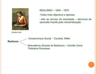 Camille Corot
REALISMO – 1845 – 1870
-Visão mais objectiva e rigorosa
- arte ao serviço da sociedade – denúncia da
opressão trazida pela industrialização
Realismo
Compromisso Social - Courbet, Millet
Naturalismo (Escola de Barbizon) – Camille Corot,
Théodore Rousseau
 