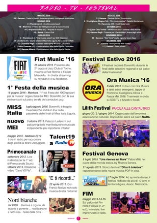 7#sciafucsia	 magazine
Primocanale
settembre 2012. Live
in diretta per la 1° ed.
di Primocanale Sound.
Ottobre 2013. Rotazione
video “Caos VS Flo”.
r a d i o - t v - f e s t i v a l
Talent19
a
maggio 2010 - febbraio 2012.
1 ora in radio per raccontare
dagli esordi ai brani unplugged.
22 aprile 2015. Con
Franco Nativo: non solo
musica diretta notturna!
“E ti ricordi...”
Lilith Festival PAROLAALLE CANTAUTRICI
giugno 2012 / giugno 2014. Organizzato dall'omonima
associazione culturale. Dopo di lei salirà sul palco NADA.
nuovo
MEI
3 ottobre 2015. Palazzo Laderchi, sul
palco/ring della manifestazione musicale
indipendente più importante d’Italia!
maggio 2013-14-15.
Sul palco del Fim
Rock Festival (1-2°
ed.), interviste, live
improvvisati e radio.
FIM
feat. Matteo Cammisa
Festival Genova
8 luglio 2015. “Una riserva sul Mare” Palco Millo nel
cuore della movida estiva, by Riserva Sonora.
21 agosto 2015. Storico festival “Oltre il Jukebox”,
rappresentante della nuova musica POP in città.
17 luglio 2014. Ad aprire le danze, il
festival radicato da più di 10 anni in
territorio ligure, Assoc. Metrodora.
Notti bianche
dal 2009 ... Genova e Liguria, da
levante a ponente ... notti bianche
e notti rosa... feste della birra...
Festival Estivo 2016
Il Festival ospiterà Doremiflo durante le
finali delle selezioni regionali e sul palco
della finalissima!
1° Festa della musica
18 giugno 2016 - Mantova. “1° ed. Festa dei 1000 giovani
per la musica” organizzata dal MEI. Doremiflo con la sua
elettronica è sul palco serale dei cantautori pop.
MISS
Italia
luglio/agosto 2016. Doremiflo è l’ospite
musicale che andrà in tour sulla
passerella delle finali di Miss Italia Liguria.
Fiat Music ’16
25 ottobre 2016. Presente alla
2° tappa al Jazz Club di Torino,
insieme a Red Ronnie e Fausto
Mesolella. In diretta streaming
su roxybar.tv e su facebook.
Ora Musica ’16
Estate 2016. In tour con Ora Musica
e tanti artisti emergenti, tappe di
Piombino, Castigliona Olona e
Faeza Mei 2016. Trasmessi in onda
su SOS Tv e tv/web tv locali.
 