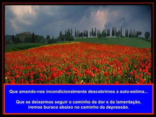 Que amando-nos incondicionalmente descobrimos a auto-estima... Que se deixarmos seguir o caminho da dor e da lamentação, iremos buraco abaixo no caminho da depressão. 