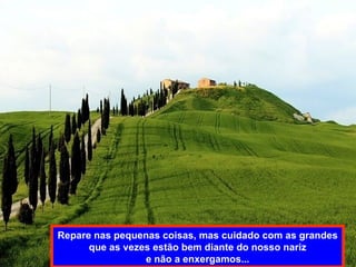 Repare nas pequenas coisas, mas cuidado com as grandes
      que as vezes estão bem diante do nosso nariz
                 e não a enxergamos...
 