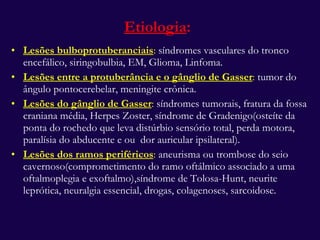 Etiologia : Lesões bulboprotuberanciais :  síndromes vasculares do tronco encefálico, siringobulbia, EM, Glioma, Linfoma. Lesões entre a protuberância e o gânglio de Gasser :  tumor do ângulo pontocerebelar, meningite crônica. Lesões do gânglio de Gasser :  síndromes tumorais, fratura da fossa craniana média, Herpes Zoster, síndrome de Gradenigo(osteíte da ponta do rochedo que leva distúrbio sensório total, perda motora, paralísia do abducente e ou  dor auricular ipsilateral). Lesões dos ramos periféricos :  aneurisma ou trombose do seio cavernoso(comprometimento do ramo oftálmico associado a uma oftalmoplegia e exoftalmo),síndrome de Tolosa-Hunt, neurite leprótica, neuralgia essencial, drogas, colagenoses, sarcoidose. 