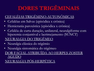DORES TRIGÊMINAIS CEFALÉIAS TRIGÊMINO-AUTONÔMICAS Cefaléias em Salvas (episódica x crônica) Hemicrania paroxística (episódica x crônica) Cefaléia de curta duração, unilateral, neuralgiforme com hiperemia conjuntival e lacrimejamento (SUNCT) NEURALGIA DO TRIGÊMEO Neuralgia clássica do trigêmio Neuralgia sintomática do trigêmeo DOR FACIAL ATRIBUÍDA AO HERPES ZOSTER AGUDO NEURALGIA PÓS-HERPÉTICA 