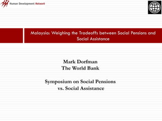 Malaysia: Weighing the Tradeoffs between Social Pensions and
Social Assistance
Mark Dorfman
The World Bank
Symposium on Social Pensions
vs. Social Assistance
 