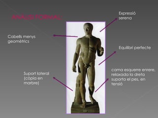 ANÀLISI FORMAL: Expressió  serena  Cabells menys geomètrics cama esquerre enrere, relaxada la dreta suporta el pes, en tensió Suport lateral (còpia en marbre) Equilibri   perfecte 