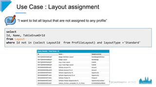 #CD22
select
Id, Name, TableEnumOrId
from Layout
where Id not in (select LayoutId from ProfileLayout) and layoutType ='Sta...