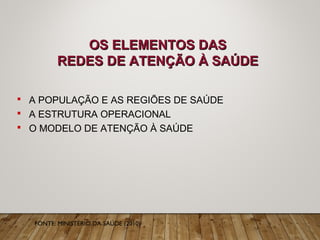OS ELEMENTOS DASOS ELEMENTOS DAS
REDES DE ATENÇÃO À SAÚDEREDES DE ATENÇÃO À SAÚDE
 A POPULAÇÃO E AS REGIÕES DE SAÚDE
 A ESTRUTURA OPERACIONAL
 O MODELO DE ATENÇÃO À SAÚDE
FONTE: MINISTÉRIO DA SAÚDE (2010)
 