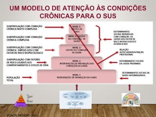 UM MODELO DE ATENÇÃO ÀS CONDIÇÕES
CRÔNICAS PARA O SUS
FONTE: MENDES (2011)
Gestão
de Caso
Gestão da Condição
de Saúde
Autocuidado Apoiado
Nível 1
70-80%de pessoas
com condições simples
Nível 2
20-30%de pessoas com
condições complexas
Nível 3
1- 5%de pessoas com
condições altamente
complexas
 