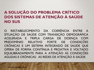A SOLUÇÃO DO PROBLEMA CRÍTICO
DOS SISTEMAS DE ATENÇÃO À SAÚDE
NO SUS
O RESTABELECIMENTO DA COERÊNCIA ENTRE A
SITUAÇÃO DE SAÚDE COM TRANSIÇÃO DEMOGRÁFICA
ACELERADA E TRIPLA CARGA DE DOENÇA COM
PREDOMÍNIO RELATIVO FORTE DE CONDIÇÕES
CRÔNICAS E UM SISTEMA INTEGRADO DE SAÚDE QUE
OPERA DE FORMA CONTÍNUA E PROATIVA E VOLTADO
EQUILIBRADAMENTE PARA A ATENÇÃO ÀS CONDIÇÕES
AGUDAS E CRÔNICAS: AS REDES DE ATENÇÃO À SAÚDE
FONTE: MENDES (2011)
 