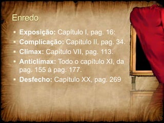 Enredo
 Exposição: Capítulo I, pag. 16:
 Complicação: Capítulo II, pag. 34.
 Clímax: Capítulo VII, pag. 113.
 Anticlímax: Todo o capítulo XI, da
pag. 155 á pag. 177.
 Desfecho: Capítulo XX, pag. 269
 