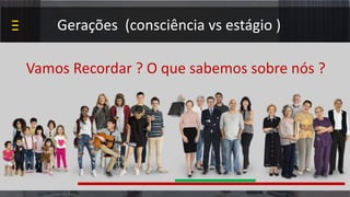 Gerações (consciência vs estágio )
Vamos Recordar ? O que sabemos sobre nós ?
 