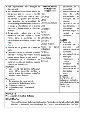 ❖ Nos organizamos para ensayar la
dramatización
❖ Recolección de información acerca de
los juegos que los papás y mamás
realizaban cuando eran niños y niñas,
los objetos y juguetes que utilizaban,
para practicar la temporalidad, la
espacialidad y la lateralidad con relación
al cuerpo y a los objetos en el entorno
comunitario fortaleciendo su identidad
cultural.
❖ Conversación relacionada a los
beneficios que nos brinda la Madre
Tierra, para la existencia de la
humanidad en equilibrio y respeto a la
vida.
Teoría
❖ Análisis de los guiones de la obra de
teatro
❖ Explicación de las actividades grupales
a través de ritmos y melodías de nuestra
cultura que se dan en la obra teatral.
❖ Comprensión de la importancia de
narrar un cuento para fortalecer nuestra
imaginación y creatividad.
Valoración
❖ Este cuento nos permite reflexionar
sobre cómo podemos cambiar y
alegrar la vida de otros con pequeños
grandes gestos de amor.
Producción
❖ Construcción del mural para la
presentación de la obra de teatro
❖ Guiones aprendidos
❖ Trajes elaborados con material
reciclado
Material para la
producción de
conocimientos
Hojas
Cartulinas
Libros
Láminas educativas
Lápiz
Marcadores
Tijeras
Plastoformo
Goma líquida
Goma Eva
Lápices de color
Textos de apoyo
pedagógico
Periódicos
Cuadernos
Empastados
Carpetas
costumbres, en la
comunidad.
➢ Identificación de los
tipos de texto,
interpretando los
mensajes de los
mismos.
➢ Explicación de las
características y
diferencias de
animales según su
habitad y uso
pertinente
HACER:
➢ Desarrollo
aceptable de la
expresión oral,
mediante relatos de
su interés.
➢ Interpretación de los
mensajes
relacionados al
cuidado y
protección del
medio ambiente.
➢ Participación en las
actividades de
teatro
DECIDIR:
Compromiso en
actividades culturales,
sobre la práctica de las
tradiciones y
costumbres,
PRODUCTO
Presentación de la obra de teatro
BIBLIOGRAFIA:
Planes y Programas de Educación Inicial en Familia Comunitaria Escolarizada - 2023
Resolución Ministerial 1040/2022 Edgar Pary Chambi MINISTRO DE EDUCACIÓN
 