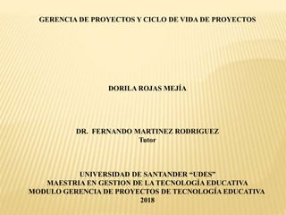 GERENCIA DE PROYECTOS Y CICLO DE VIDA DE PROYECTOS
DORILA ROJAS MEJÍA
DR. FERNANDO MARTINEZ RODRIGUEZ
Tutor
UNIVERSIDAD DE SANTANDER “UDES”
MAESTRIA EN GESTION DE LA TECNOLOGÍA EDUCATIVA
MODULO GERENCIA DE PROYECTOS DE TECNOLOGÍA EDUCATIVA
2018
 