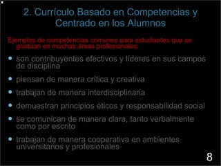 2. Currículo Basado en Competencias y Centrado en los Alumnos Ejemplos de competencias comunes para estudiantes que se gradúan en muchas áreas profesionales: son contribuyentes efectivos y líderes en sus campos de disciplina piensan de manera crítica y creativa trabajan de manera interdisciplinaria demuestran principios éticos y responsabilidad social se comunican de manera clara, tanto verbalmente como por escrito trabajan de manera cooperativa en ambientes universitarios y profesionales 