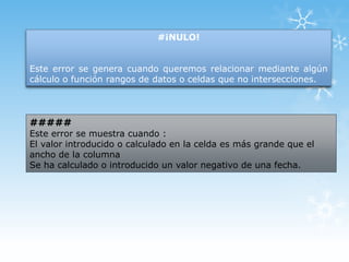 #¡NULO!
Este error se genera cuando queremos relacionar mediante algún
cálculo o función rangos de datos o celdas que no intersecciones.

#####

Este error se muestra cuando :
El valor introducido o calculado en la celda es más grande que el
ancho de la columna
Se ha calculado o introducido un valor negativo de una fecha.

 