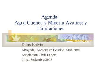 Agenda:  Agua Cuenca y Minería Avances y Limitaciones Doris Balvín Abogada, Asesora en Gestión Ambiental  Asociación Civil Labor  Lima, Setiembre 2008 