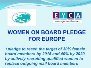 WOMEN ON BOARD PLEDGE
FOR EUROPE
I pledge to reach the target of 30% female

board members by 2015 and 40% by 2020
by actively recruiting qualified women to
replace outgoing mail board members

 
