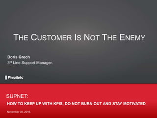 November 30, 2016.
HOW TO KEEP UP WITH KPIS, DO NOT BURN OUT AND STAY MOTIVATED
SUPNET:
THE CUSTOMER IS NOT THE ENEMY
Doris Grech
3rd Line Support Manager.
 