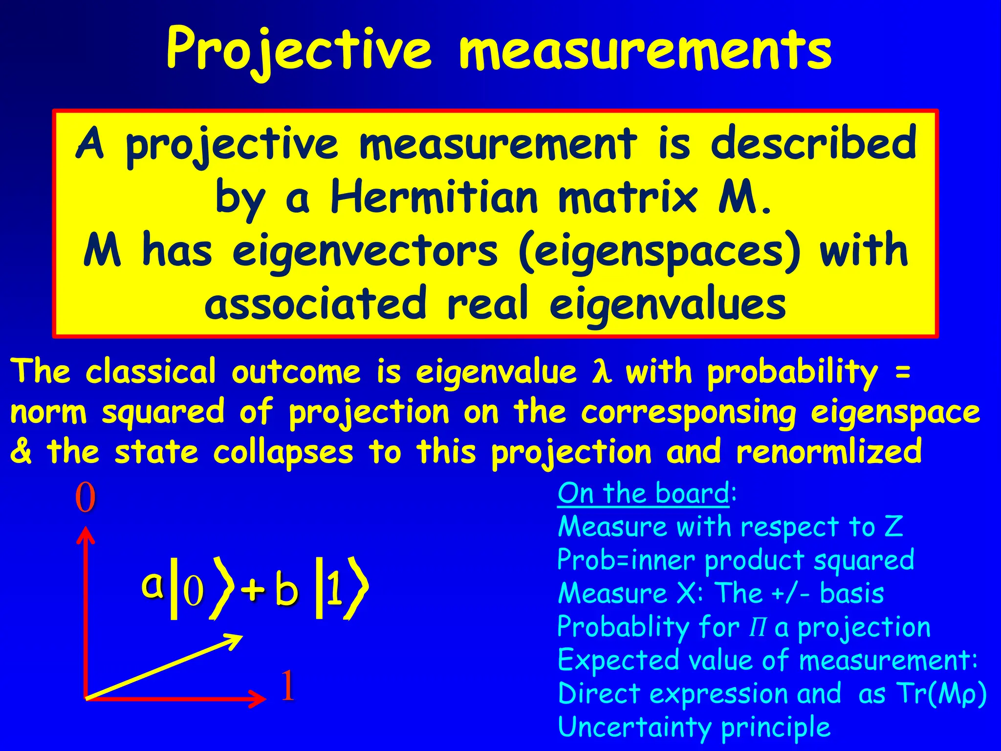 Projective measurements
A projective measurement is described
by a Hermitian matrix M.
M has eigenvectors (eigenspaces) with
associated real eigenvalues
+
a b
0 1
1
0 On the board:
Measure with respect to Z
Prob=inner product squared
Measure X: The +/- basis
Probablity for 𝛱 a projection
Expected value of measurement:
Direct expression and as Tr(Mρ)
Uncertainty principle
The classical outcome is eigenvalue 𝛌 with probability =
norm squared of projection on the corresponsing eigenspace
& the state collapses to this projection and renormlized
 