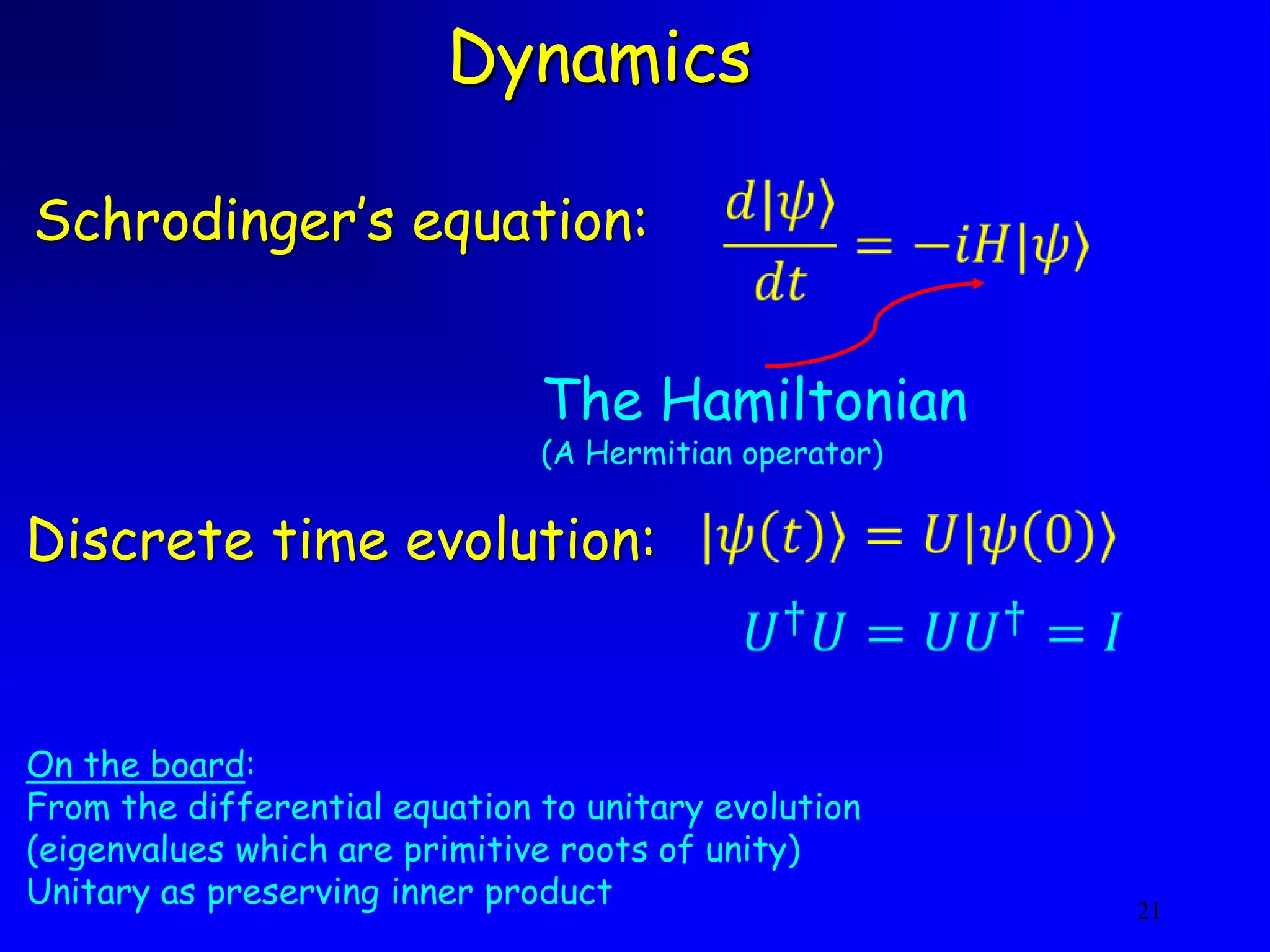 21
Dynamics
On the board:
From the differential equation to unitary evolution
(eigenvalues which are primitive roots of unity)
Unitary as preserving inner product
Schrodinger’s equation:
Discrete time evolution:
The Hamiltonian
(A Hermitian operator)
 