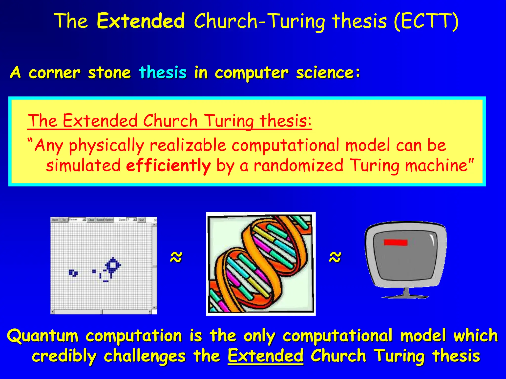 5
Quantum computation is the only computational model which
credibly challenges the Extended Church Turing thesis
The Extended Church Turing thesis:
“Any physically realizable computational model can be
simulated efficiently by a randomized Turing machine”
A corner stone thesis in computer science:
≈ ≈
The Extended Church-Turing thesis (ECTT)
 