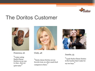 The Doritos Customer 	Francesca, 26“I enjoy eating Nacho Cheese Doritos on my way to class…they are quite tasty!”Cindy, 48“Nacho cheese Doritos are my favorite treat, no other snack food compares to them.”Juanita, 35“I pack Nacho Cheese Doritos in the lunches that I make for my two boys.”