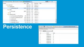 Alarm Manager Flags:
–

–

RTC
• fire the intent but not wake the device

–

ELAPSED_REALTIME
• fire the intent based on the amount of time since device was reboot but does not wake the device

–

131

RTC_WAKEUP
• wake the device from sleep in order to fire the intent

ELAPSED_REALTIME_WAKEUP
• wake the device and fire intent after amount of time has passed since device has been reboot

 