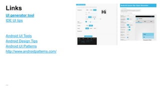 Library Projects (~jar with android context)
•

A library project is an android project which does not create a apk file

•

Maven genarete apkLib , while Gradle generate .AAR (android archive)

204

 