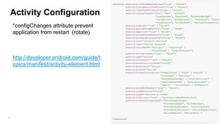 Activity Configuration
*configChanges attribute prevent
application from restart (rotate)

http://developer.android.com/guide/t
opics/manifest/activity-element.html

36

 