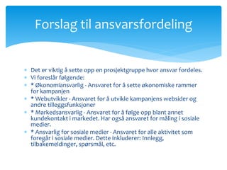 Forslag til ansvarsfordeling 
 Det er viktig å sette opp en prosjektgruppe hvor ansvar fordeles. 
 Vi foreslår følgende: 
 * Økonomiansvarlig - Ansvaret for å sette økonomiske rammer 
for kampanjen 
 * Webutvikler - Ansvaret for å utvikle kampanjens websider og 
andre tilleggsfunksjoner 
 * Markedsansvarlig - Ansvaret for å følge opp blant annet 
kundekontakt i markedet. Har også ansvaret for måling i sosiale 
medier. 
 * Ansvarlig for sosiale medier - Ansvaret for alle aktivitet som 
foregår i sosiale medier. Dette inkluderer: Innlegg, 
tilbakemeldinger, spørsmål, etc. 
 