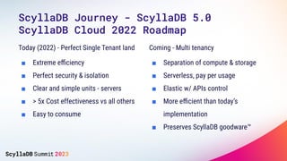 ScyllaDB Journey - ScyllaDB 5.0
ScyllaDB Cloud 2022 Roadmap
Today (2022) - Perfect Single Tenant land
■ Extreme eﬃciency
■ Perfect security & isolation
■ Clear and simple units - servers
■ > 5x Cost effectiveness vs all others
■ Easy to consume
Coming - Multi tenancy
■ Separation of compute & storage
■ Serverless, pay per usage
■ Elastic w/ APIs control
■ More eﬃcient than today’s
implementation
■ Preserves ScyllaDB goodware™
 