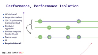 ■ IO Scheduler v5
■ Per partition rate limit
■ 30% CPU gain coming
to enterprise/cloud
■ Distributed
aggregates
■ Eliminate exceptions
from the IO path
■ Reverse queries
■ I4i
■ Range tombstone v2
Performance, Performance Isolation
7
1
2 5
7
1 2 5
 