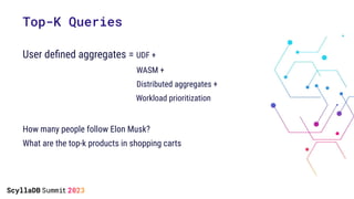 Top-K Queries
User deﬁned aggregates = UDF +
WASM +
Distributed aggregates +
Workload prioritization
How many people follow Elon Musk?
What are the top-k products in shopping carts
 